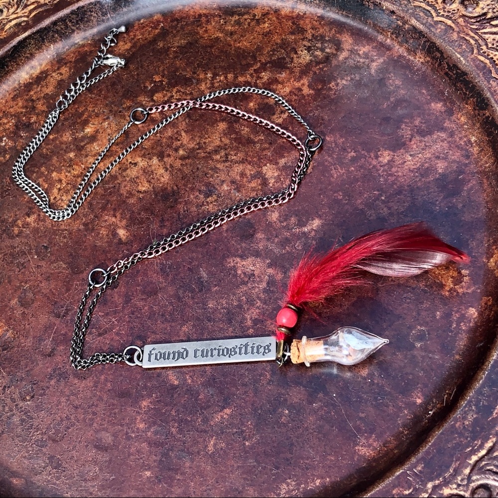 “Found Curiosities” Crystal Jar & Feather Necklace